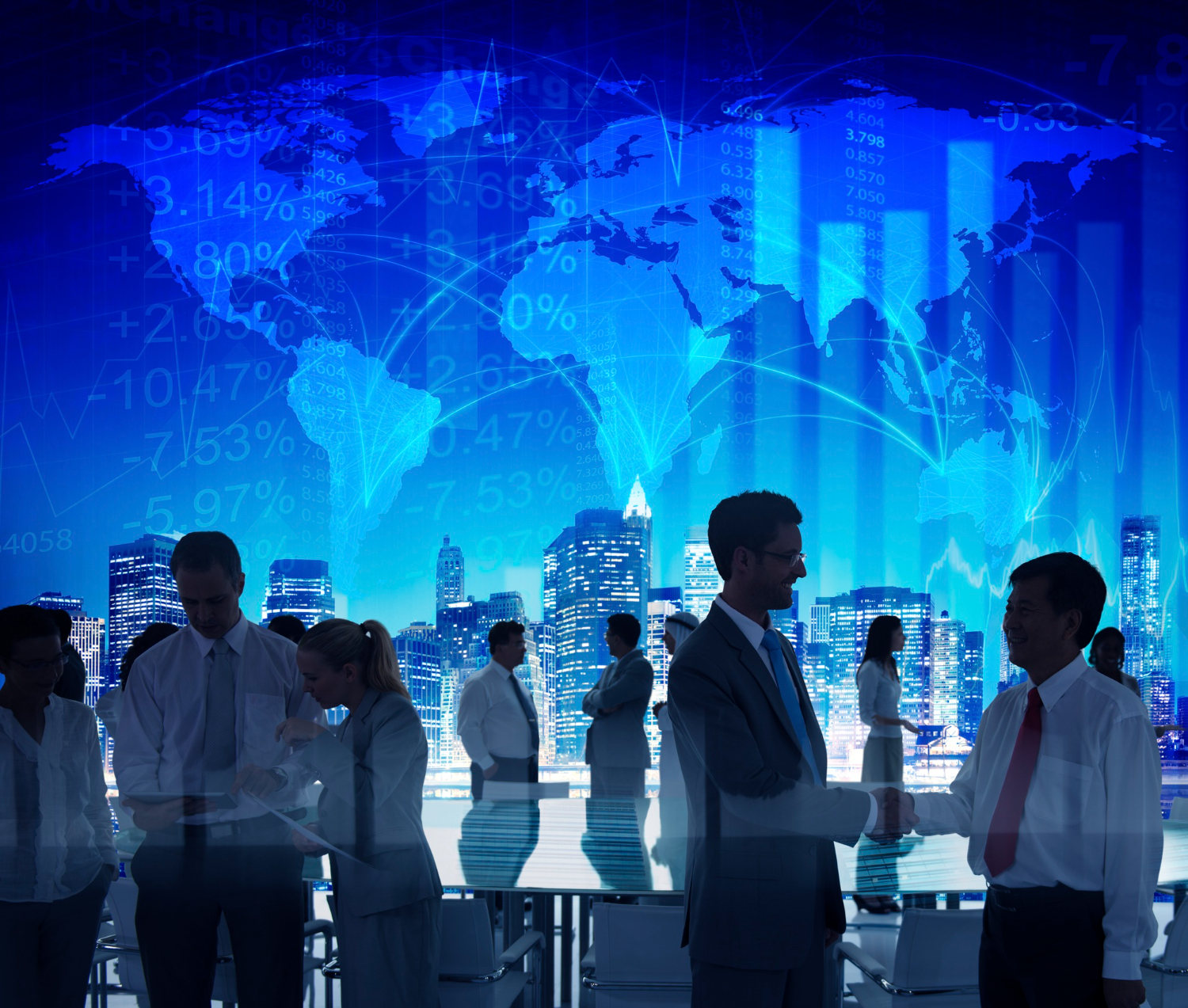 International business professionals connecting against a digital world map